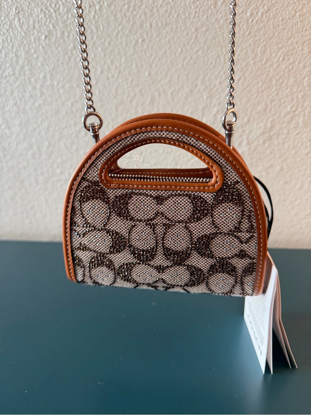 NWT Coach CX243 Crystal Signature Jacquard Top Handle Card Case Burnished Ambe